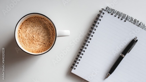 Minimalist White Desk with Laptop, Coffee, and Notebook ,Top View Workspace