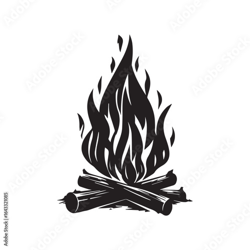 Black and White Campfire Silhouette with Logs and Flames Design