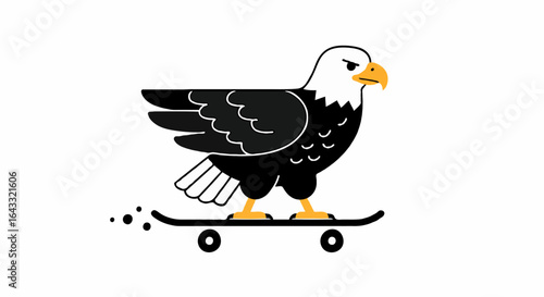 Funny bald eagle mascot character riding a skateboard. Cool bird with an attitude doing extreme sports.