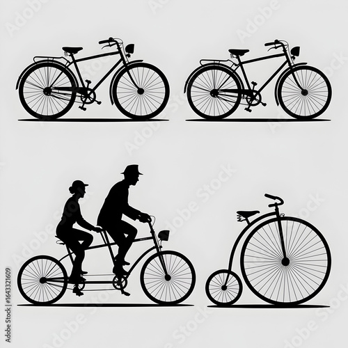 Vintage bicycle silhouettes showcase classic cycling styles from tandem rides to penny-farthings.