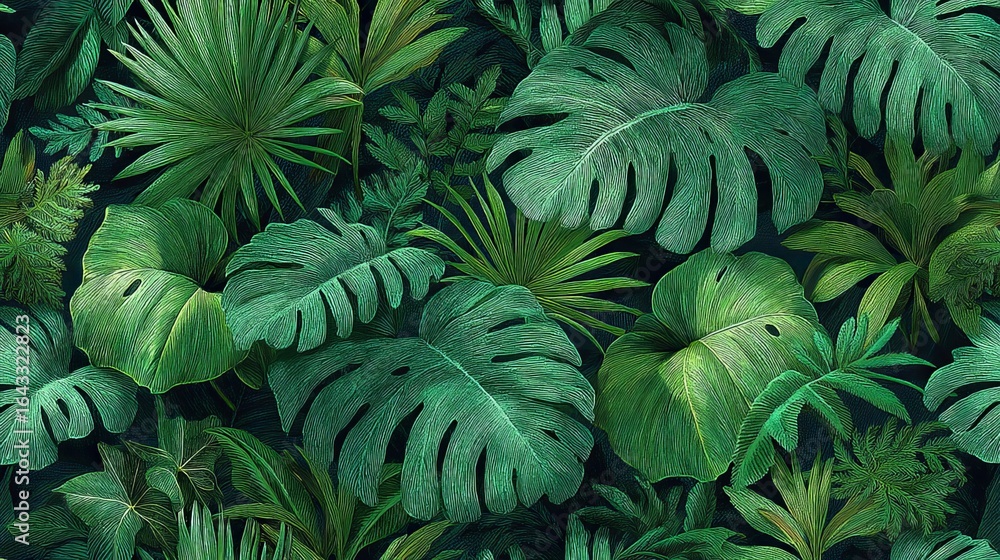 Fototapeta premium Vibrant green tropical leaves create a lush, inviting backdrop filled with different textures and shades.
