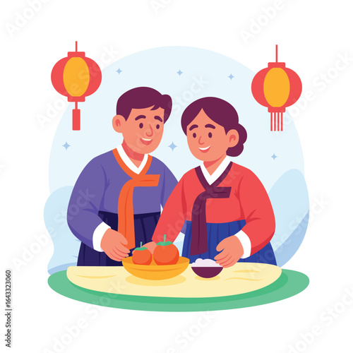 A couple preparing traditional dishes during the Korean Chuseok harvest festival celebration.
