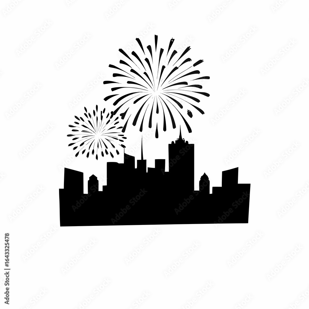 Naklejka premium Silhouette of a cityscape with fireworks exploding above the buildings in a black and white illustration