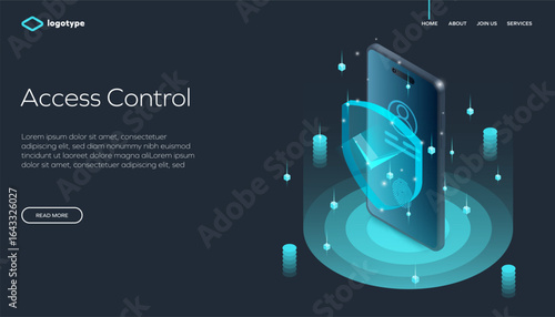 Futuristic smartphone interface with a holographic shield and fingerprint icon, symbolizing secure access, identity protection, and advanced mobile technology on a glowing dark background.