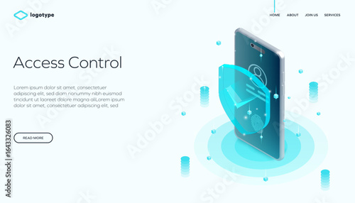 Modern digital illustration of a smartphone with a holographic shield and fingerprint icon, symbolizing secure access, mobile technology, and cyber protection. on a glowing light background.