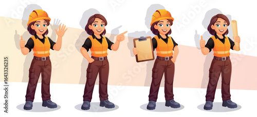 Worker and engineer woman in helmet, vest and uniform represents builder at work. This worker character helps show an engineer in job-related visuals, factory concepts or flat vector scenes.