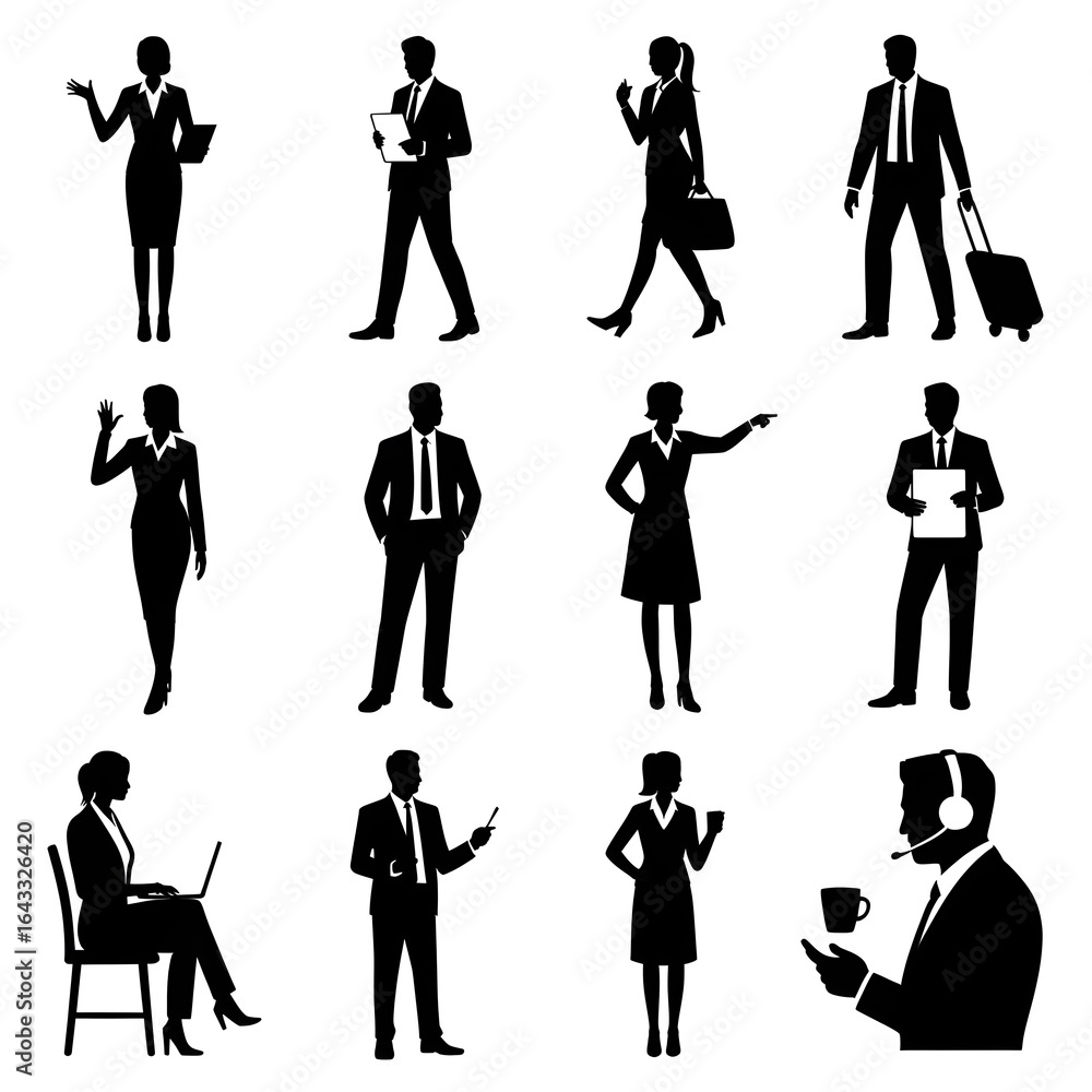 Obraz premium Dynamic business professionals showcasing diverse actions and modern corporate attire for impactful presentations