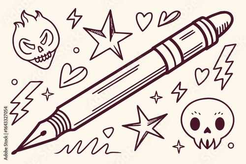 Doodle Art with Pen, Skulls, Stars, and Hearts fountain pen