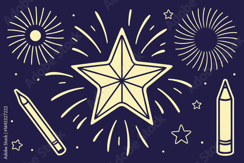 Festive Starbursts and Pencils on Dark Blue Background vector illustration