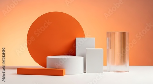 Photo of geometric shapes in orange and white create a modern product display scene