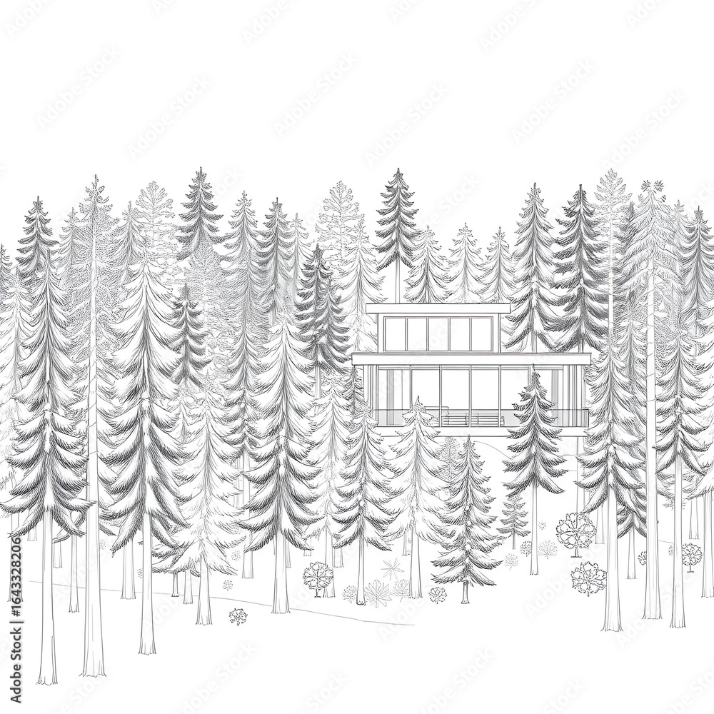Fototapeta premium A detailed architectural drawing of a dense forest elevation, featuring a variety of deciduous and coniferous trees with intricate line work and fine textures.