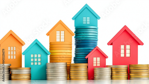 Wallpaper Mural Colorful house models stand on stacks of gold and silver coins symbolizing economic housing investment and financial growth in suburban real estate with bright white background Torontodigital.ca