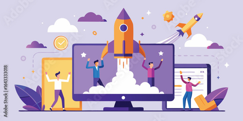  Rocket launch displayed on large monitor with business people celebrating, flat vector corporate achievement teamwork concept illustration