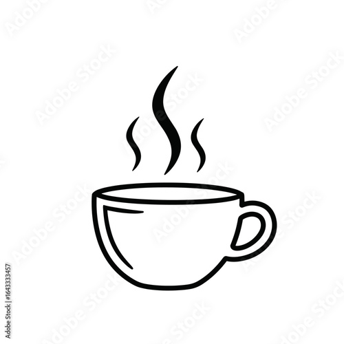  Simple coffee cup icon with steam. Black and white coffee cup illustration. Minimalist coffee cup design. Perfect for coffee shop branding or cafe decor. UI icon vector. White background.