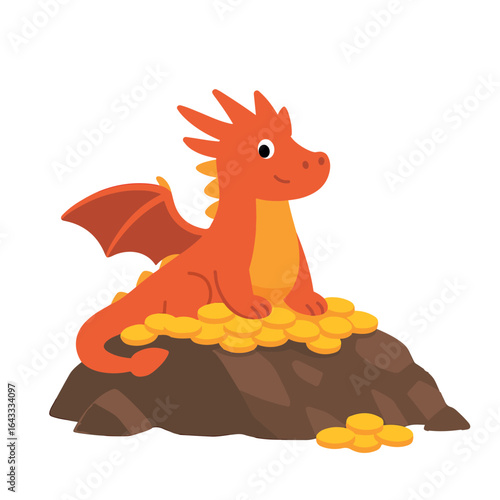 Cute red dragon sitting on a pile of gold coins, guarding treasure on a rock in a flat cartoon style.