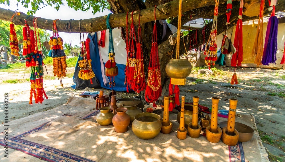 Fototapeta premium Colorful handmade toys and clay pots displayed at a Boishakhi fair under a tree with hanging decorations
