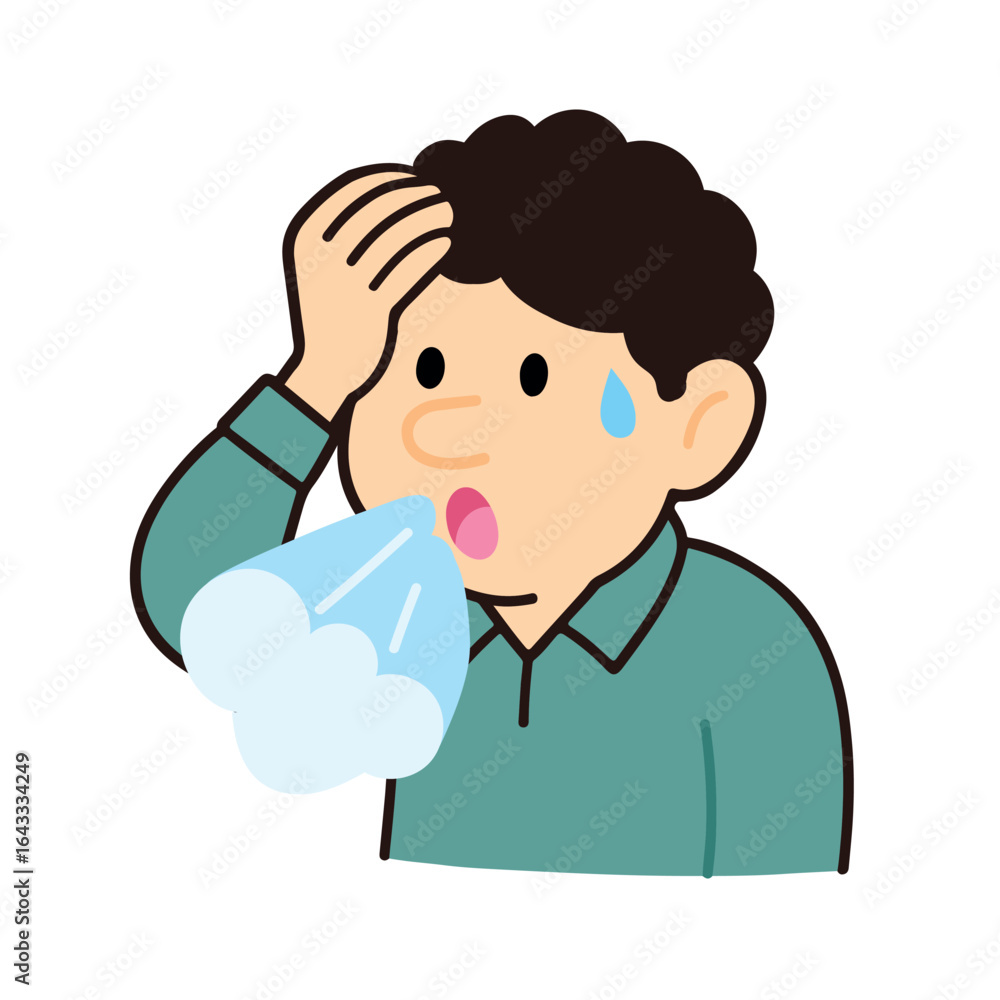 Man sneezing with fever and sweat, flat vector illustration of illness and flu symptoms. Man sneezing with fever and sweat, flat vector illustration of illness and flu symptoms.