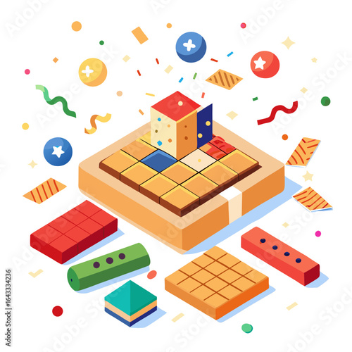 Festive Flat Lay of Scrabble Tiles and Wooden Racks with Celebration Elements Isolated on White