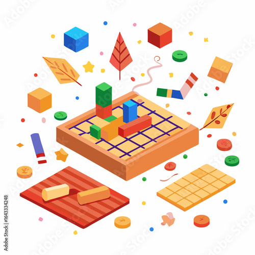 Festive Flat Lay of Scrabble Tiles and Wooden Racks with Celebration Elements Isolated on White
