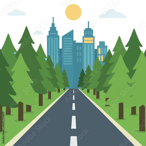 Straight road through a green forest leading to modern city skyscrapers under a sunny sky, flat vector illustration.