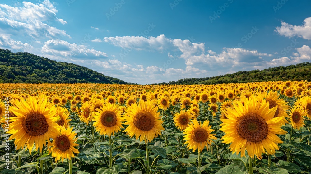 Fototapeta premium A vast field of sunflowers under a blue sky with clouds