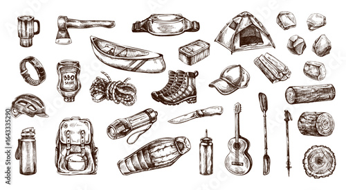 Hand drawn vintage sketch set of camping and hiking equipment with tent canoe boots and travel accessories