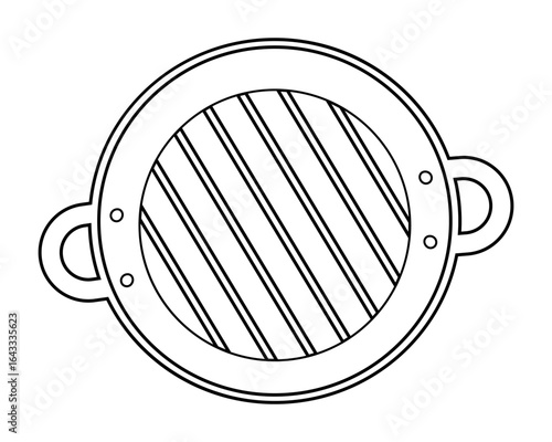 Hand Drawn Outline grill pan with grate on Bottom and Small Handles Top view Transparent Background