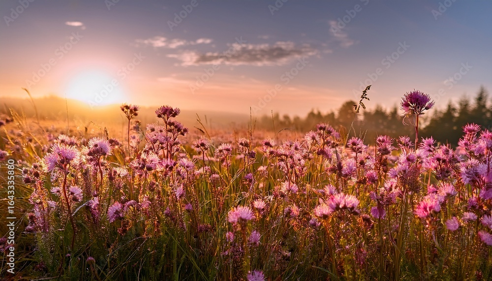 Fototapeta premium floral vista at dawn a soft dreamy composition of delicate pink wildflowers in a field illuminated by the first light of the rising sun conveying peace and natural beauty