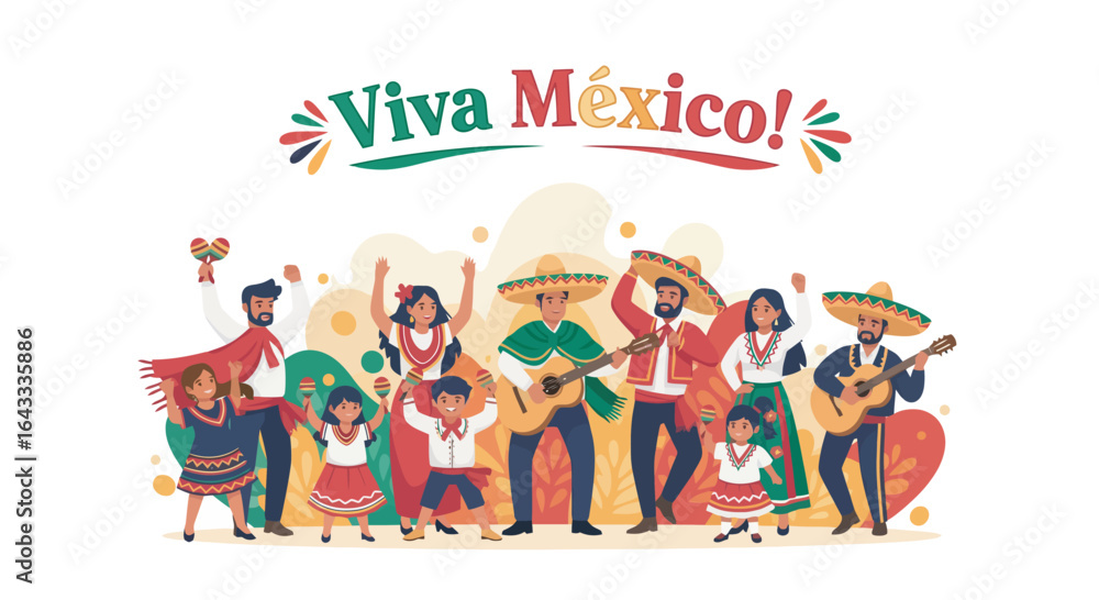 Fototapeta premium Joyful Mexican family celebrates with music and traditional attire, expressing vibrant national pride.