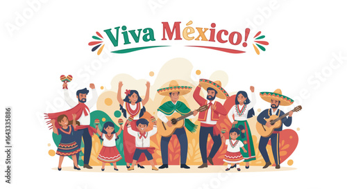 Joyful Mexican family celebrates with music and traditional attire, expressing vibrant national pride.