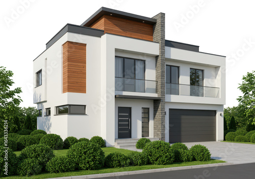 Wallpaper Mural A modern twostory house with a white facade, large windows, and a garage, surrounded by green bushes and trees isolated on transparent background Torontodigital.ca