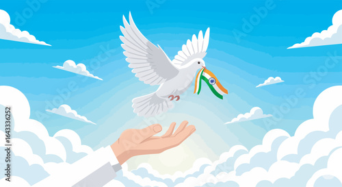 A white dove carrying an Indian flag soars upward, received by a benevolent hand against a vibrant blue sky.