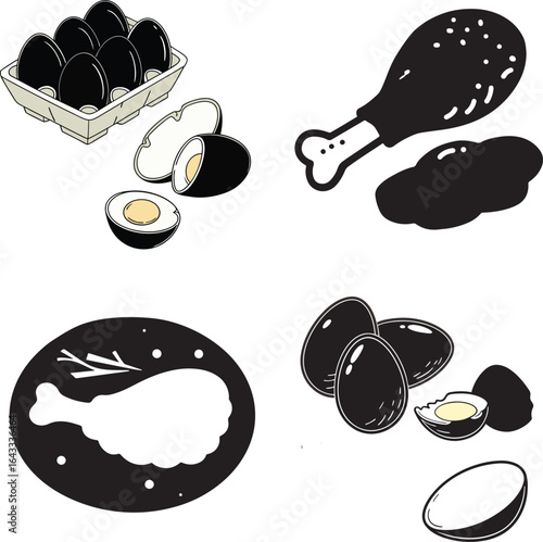 Black chicken egg set raw and boiled eggs silhouette vector illustration.