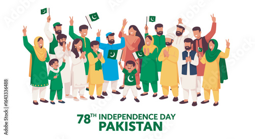 A diverse group of Pakistani people celebrating their nation's independence day with flags and joy.
