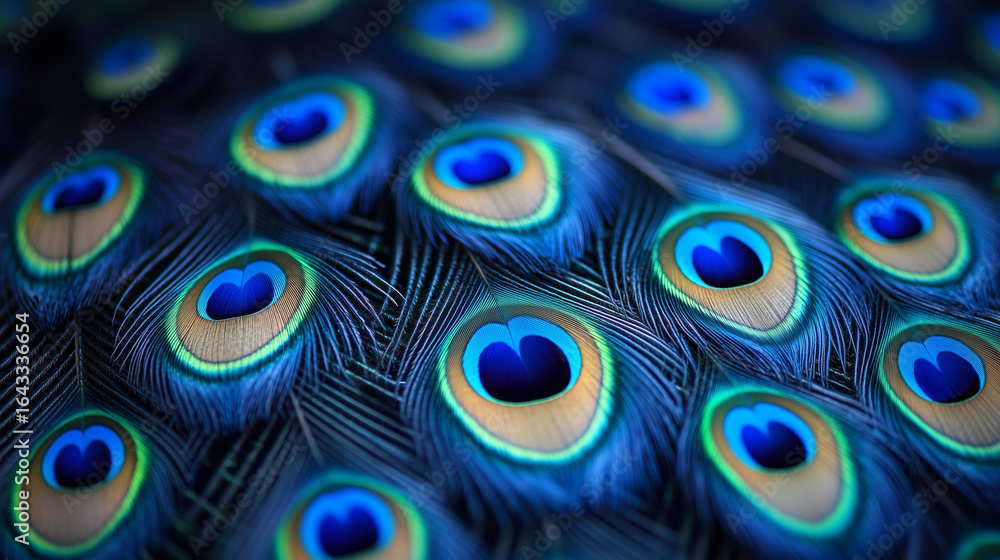 Obraz premium Vibrant peacock feathers display intricate patterns of blue and green hues, showcasing the beauty of nature's design and the elegance of avian plumage in a close-up view