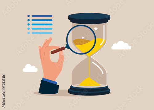 Looking at hourglass through magnifying glass analyzing optimization, monitoring, task management, work planning, productivity. 