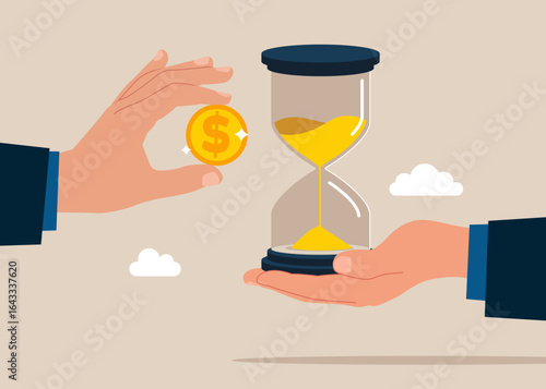Two arms hold dollar coin and glass sand clock. Analyzing optimization, monitoring, task management, work planning, productivity. Flat vector illustration