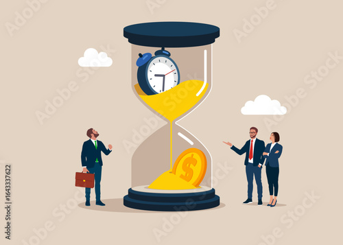 Time management. Long term investment return, retirement pension fund. Time value of money and save time, Money saving. Gold coins dollar in sandglass. 