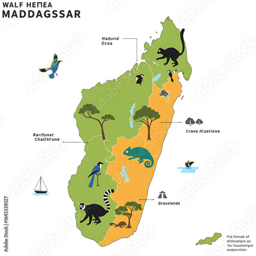 Illustrated wildlife map of Madagascar showing native animal species