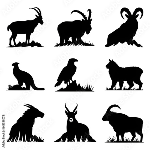 Majestic mountain wildlife silhouettes capture the wild spirit of alpine creatures in striking black and white.