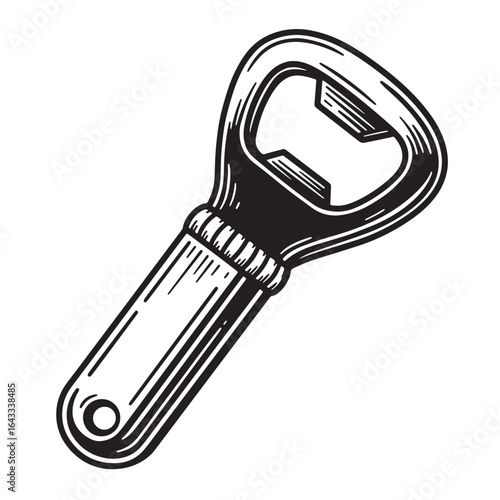 Black and white hand drawn bottle opener illustration perfect for branding and design elements