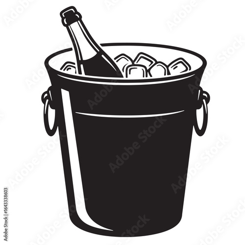 Black and white illustration of a champagne bottle in an ice bucket ready to serve