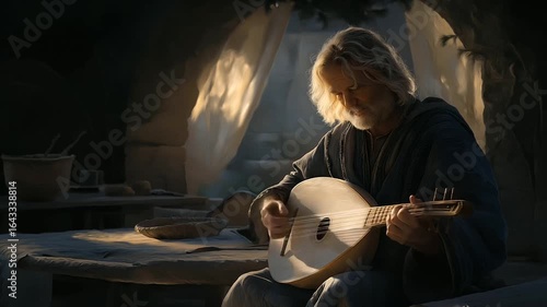 A minstrel playing a lute in a cozy tavern setting