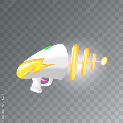 Cartoon super space energy blaster isolated on transparent background. Retro game label or icon with vintage space laser pistol gun. Tesla electric coil gun