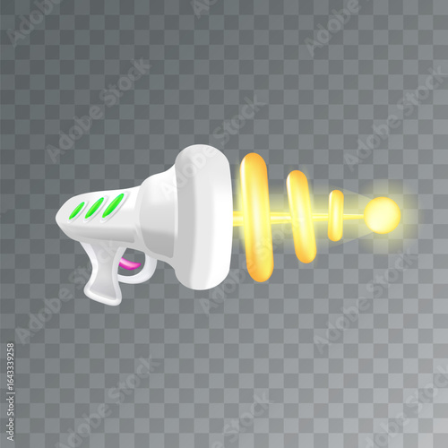 Cartoon super space energy blaster isolated on transparent background. Retro game label or icon with vintage space laser pistol gun. Tesla electric coil gun