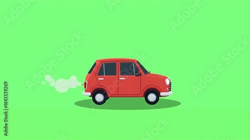 Small red hatchback car animation with exhaust smoke on green screen background for motion graphic projects
