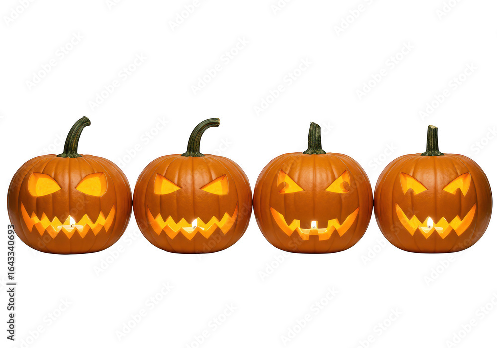 Fototapeta premium Four carved halloween pumpkins with glowing faces, isolated on transparent background