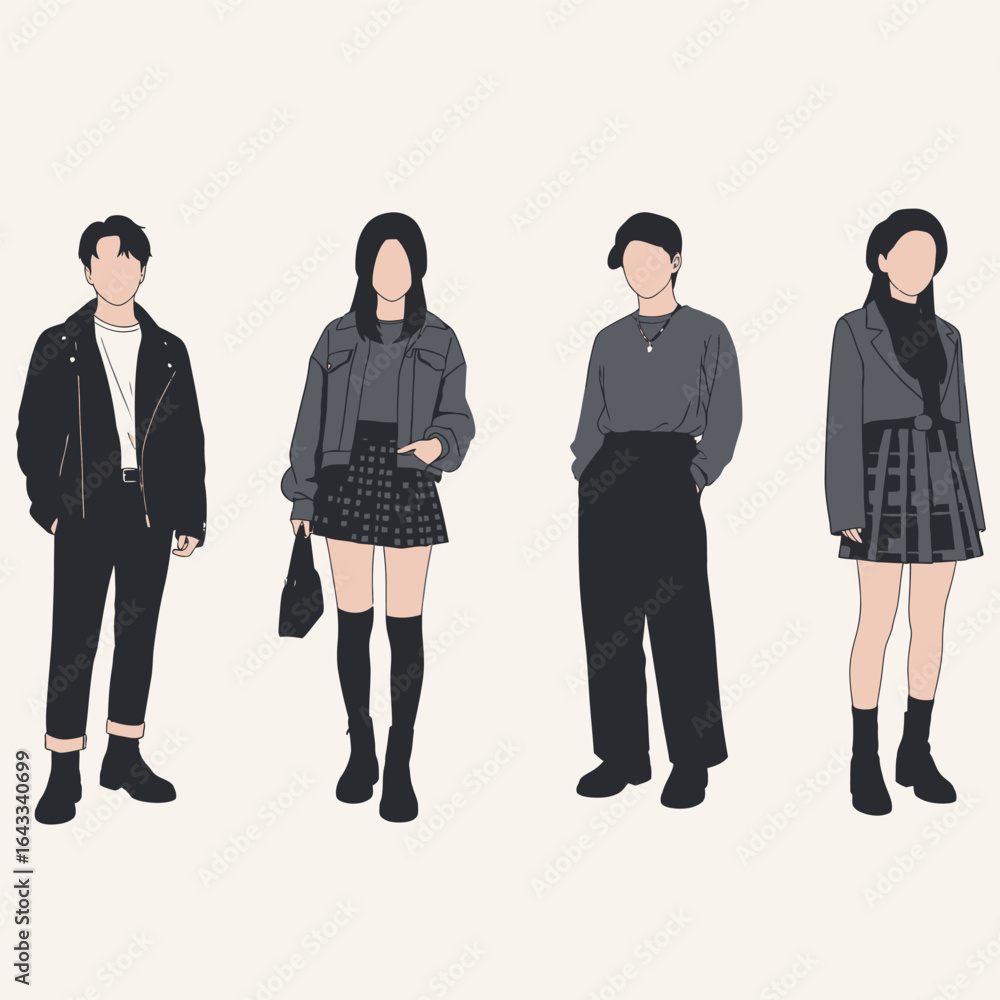 Obraz premium Four fashion illustrations of diverse individuals, showcasing stylish outfits with modern clothing.
