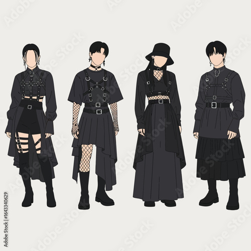 Four stylized figures showcase various dark, edgy, and fashionable outfits, each with unique details.