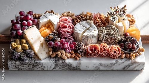 A beautifully arranged charcuterie board featuring artisanal cheeses, cured meats, fresh and dried fruits, nuts, and olives under soft natural lighting.